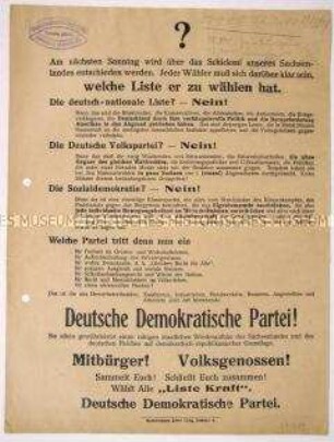 Programmatischer Wahlaufruf der Deutschen Demokratischen Partei anlässlich der Volkskammer- bzw. Landtagswahlen in Sachsen