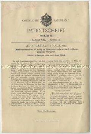 Patentschrift einer Kartoffelerntemaschine mit schräg zur Fahrtrichtung zwischen zwei Radsternen gelagerten Wurfgabeln, Patent-Nr. 202145