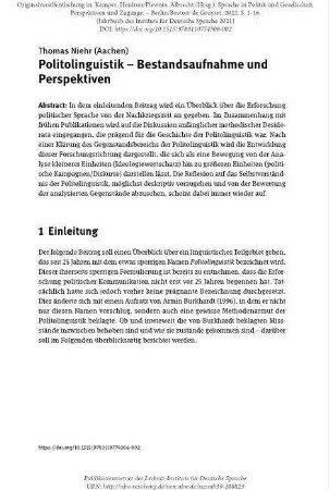 Politolinguistik – Bestandsaufnahme und Perspektiven