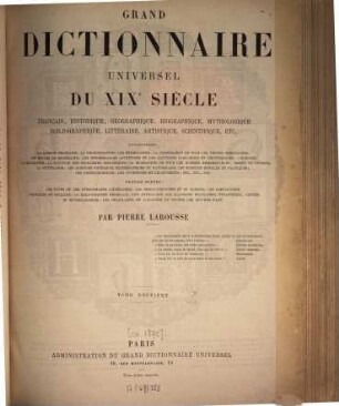 Grand dictionnaire universel du XIXe siècle : Français, historique, géographique, mythologique, bibliographique, littéraire, artistique, scientifique, etc.,etc., 9
