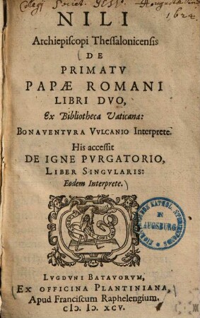 Nili Archiepiscopi Thessalonicensis De primatu papae romani : libri duo ; ex bibliotheca Vaticana