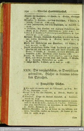 XXIX. Die vorzüglichsten, in Deutschland gedruckten, Bücher in fremden lebenden Sprachen