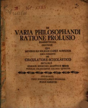 De Varia Philosophandi Ratione Prolusio Praemittenda Orationi