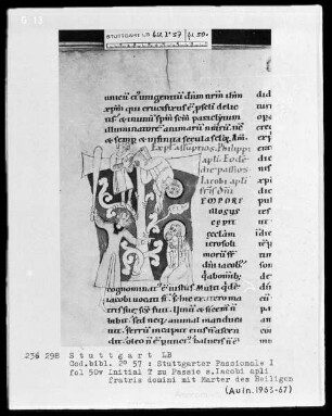 Stuttgarter Passionale — Pars hiemalis (erster Band) — Initiale T (empore illo), darin Martyrium des Apostels Jakobus, Folio 50verso