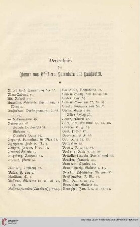 Verzeichnis der Namen von Künstlern, Sammlern und Kunstorten