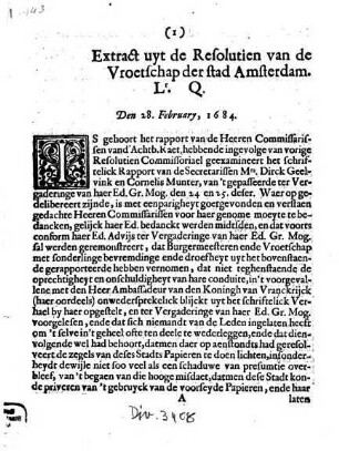 Extract Uyt de Resolutien van de Vroetschap der stad Amsterdam, Lr. Q., Den 28. February, 1684
