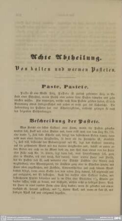 Achte Abtheilung. Von kalten und warmen Pasteten