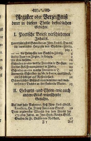 Register oder Verzeichniß derer in diesem Theile befindlichen Gedichte.