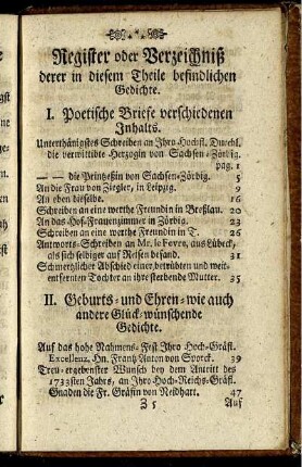 Register oder Verzeichniß derer in diesem Theile befindlichen Gedichte.