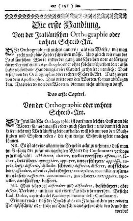 Die erste Handlung. Von der Italiänischen Orthographie.