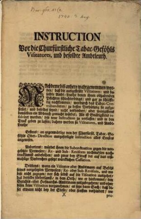 Instruction Vor die Churfürstliche Tabac-Geföhls Visitatores, und besoldte Ambtleuth