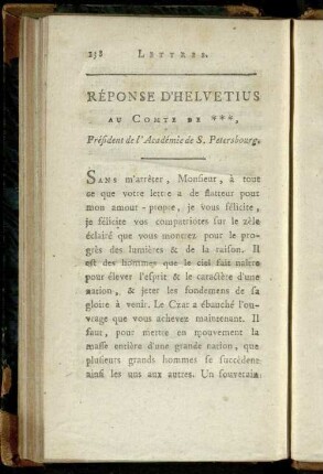Réponse d'Helvetius au Comte de ***, Président de l'Académie de S. Petersbourg.