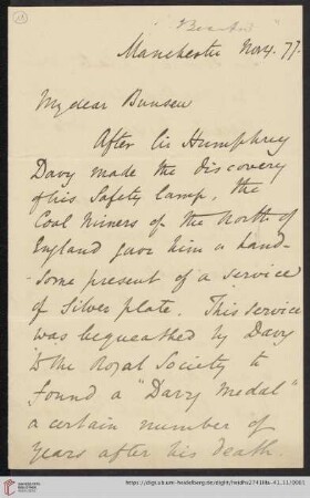 Briefe von Henry E. Roscoe an Robert Wilhelm Bunsen: Brief von Henry E. Roscoe an Robert Wilhelm Bunsen