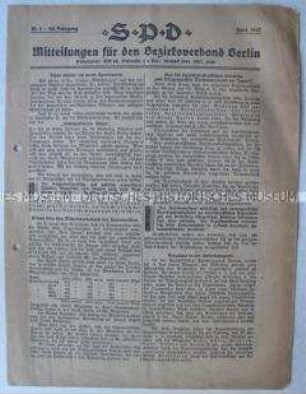 Mitteilungsblatt des SPD-Bezirksvorstandes Berlin u.a. mit einem Verzeichnis dcer Funktionäre der Kreis- und Abteilungsleitungen