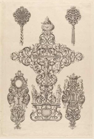 Ein Kruzifix, zwei Schlüssel und Beschläge, Blatt aus der Folge "Neü inventiertes Schlosser Reiß=Buch gezeichnet von Frank Leopold Schmittner Schlosser gesell"
