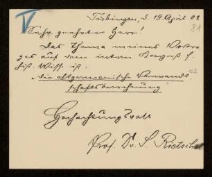 81: Brief von Siegfried Rietschel an Otto von Gierke, Tübingen, 19.4.1908
