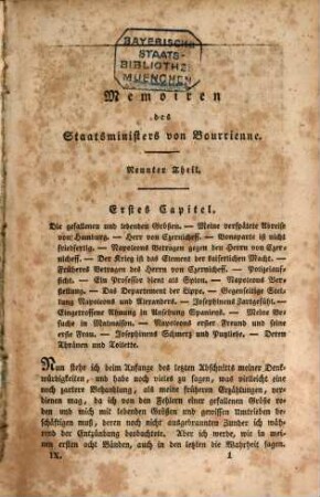 Memoiren des Staatsministers [Louis-Antoine Fauvelet] von Bourrienne über Napoleon, das Directorium, das Consulat, das Kaiserreich und die Restauration, 9. 1830. - 1 Bl., 229 S.