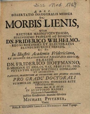 Dissertatio Inauguralis Medica De Morbis Lienis