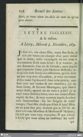 Lettre CCCLXXXIV. A la même. A Livry, Mécredi 8. Novembre, 1679