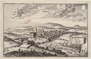 Stadtansicht von Zschopau in Sachsen am gleichnamigen Fluss mit Schloss Wildeck, Stadtkirche und Augustusburg im Hintergrund, mit Legende, aus Merians Topographia Superioris Saxoniae