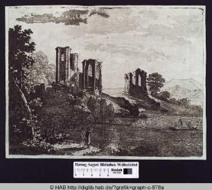 Flusslandschaft mit der Ruine eines sakralen Gebäudes