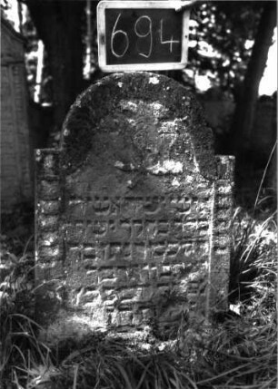 Grabstein 694 (Index: 100104860) Material: Sandstein Zustand: stark verwittert, eingesunken, teilweiser Textverlust Maße HxBxT: 87x59x8 cm Beschreibung: Stele, eingezogener Rundbogenabschluss, Schriftfeld eingetieft mit Konvexbogenabschluss, im Bogenfeld Blüte, am Rahmen geometrisches Muster Symbolik: Blüte: Grabstein 694