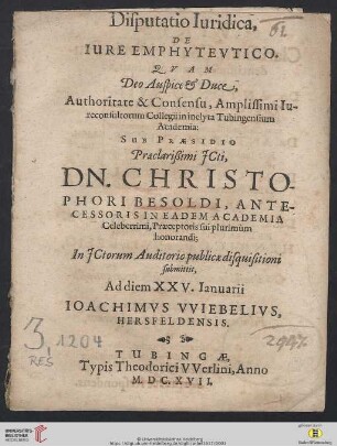 Disputatio Iuridica, De Iure Emphyteutico