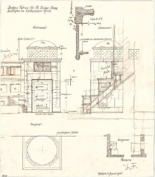 Fischer, Theodor; Icking - Schlederloh (Isartal); Landhaus Theodor Fischer - Kachelofen im Wohnzimmer (Aufrisse, Schnitt, Detail)