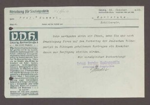 Schreiben des Verbandes Deutscher Handlungsgehilfen, Abteiung für Sozialpolitik, Leipzig, an Hermann Hummel: Bitte um die Zusendung eines Vortrags von Hummel, 1 Schreiben