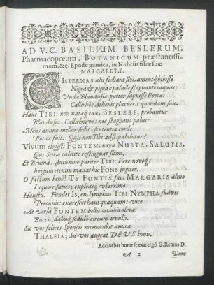 Ad V.C. Basilium Beslerum, ... Epode gamica, in Nubtiis filiae suae Margaretae.
