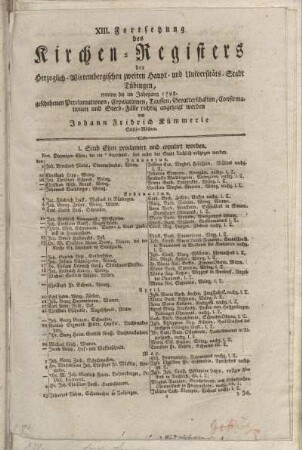 13: Fortsetzung des Kirchen-Registers der Herzoglich-Wirtembergischen zweiten Haupt- und Universitäts-Stadt Tübingen