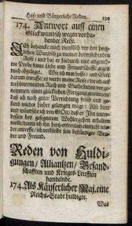 Reden von Huldigungen/ Alliantzen/ Gesandschafften und Krieges-Leufften handelnde. 174. - 202.