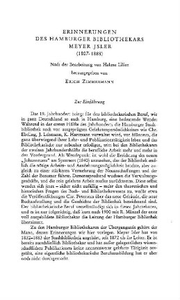 Erinnerungen des Hamburger Bibliothekars Meyer Jsler, 1807 - 1888