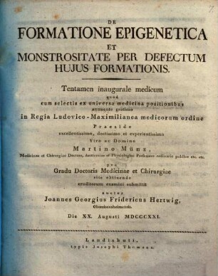 De formatione epigenetica et monstrositate per defectum huius formationis : tentamen inaugurale medicum
