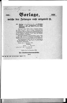 Anlage: (502), Vorlage, welche den Zeitungen nicht mitgeteilt ist, 14. November 1924