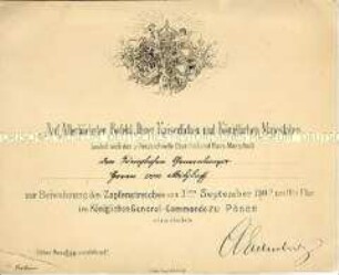 Einladungskarte zum Zapfenstreich am 3. September 1902 im Königlichen General-Kommando zu Posen