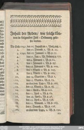 Inhalt der Reden, wie solche können in folgender Zeit-Ordnung gelesen werden.