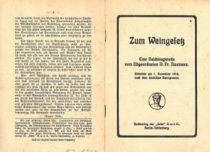 "Zum Weingesetz Eine Reichstagsrede vom Abgeordneten Dr. Friedrich Naumann"