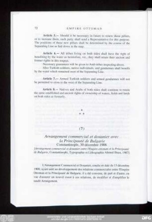(7) Arrangement commercial et douanier avec la Principauté de Bulgarie Constantinople, 30 décembre 1906