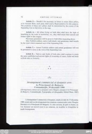 (7) Arrangement commercial et douanier avec la Principauté de Bulgarie Constantinople, 30 décembre 1906