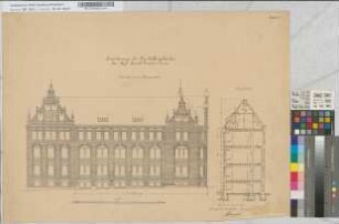 Erweiterung des Geschäftsgebäudes der Kgl. Eisenbahndirektion Essen, Blatt 5: Ansicht von der Kruppstraße, Querschnitt, M. 1:100