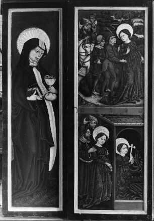 Margaretenaltar : Margaretenaltar. Holz, geschnitzt, gefaßt, bemalt (um 1460). Drei Szenen. Sankt Georgen ob Murau-Bodendorf, Filialkirche Sankt Cäcilia