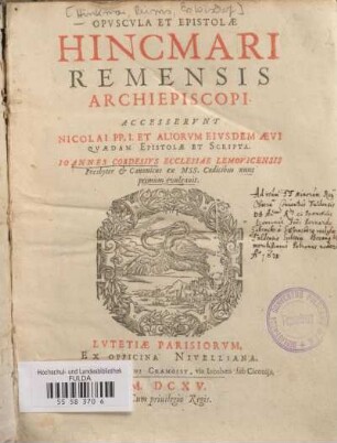 Opvscvla Et Epistolæ Hincmari Remensis Archiepiscopi