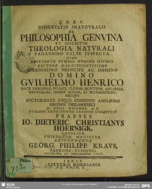 Dissertatio Inauguralis De Philosophia Genuina Et Speciatim Theologia Naturali Paganismo False Suspecta