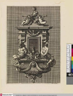 [Epitaph mit einer Herrscherbüste und zwei trompetenden Engeln, darunter zwei gefesselte männliche Skulpturen; Mausolée épitaphe, sommé d'un buste d'imperator entre deux angelots sonnant de la trompette]