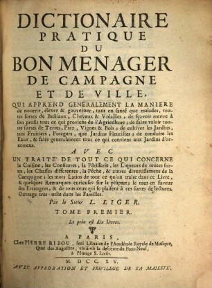 Dictionaire pratique du bon menager de campagne et de ville