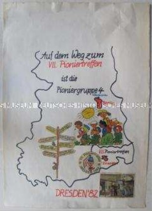 Mappe mit 12 handgezeichneten und -geschriebenen Blättern einer Pioniergruppe in Vorbereitung auf das Pioniertreffen 1982 in Dresden