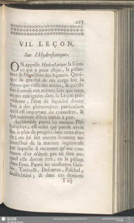 VII. Leçon. Sur l'Hydrostatique