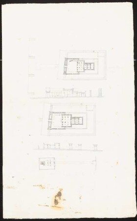Tempelanlagen in Ägypten, Luxor (?): z.T. Vorlage für Inv.Nr. 44892,1 und 44892,2: Drei Grundrisse (zwei identisch), zwei Längsschnitte, Maßstabsleisten