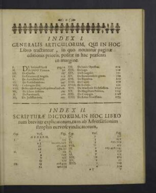 Index I. Generalis articulorum / Index II. Scripturae dictorum